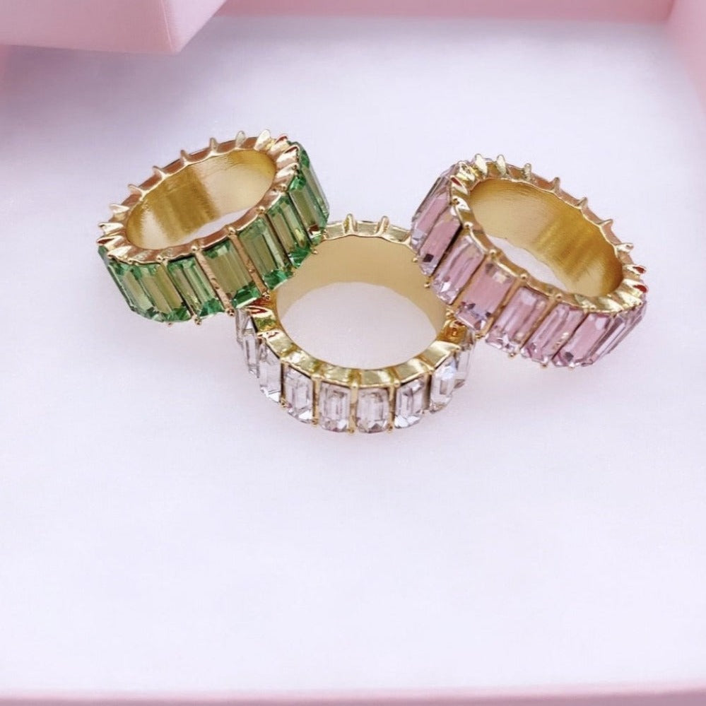 Clear, Pink, Green Eternity Rings