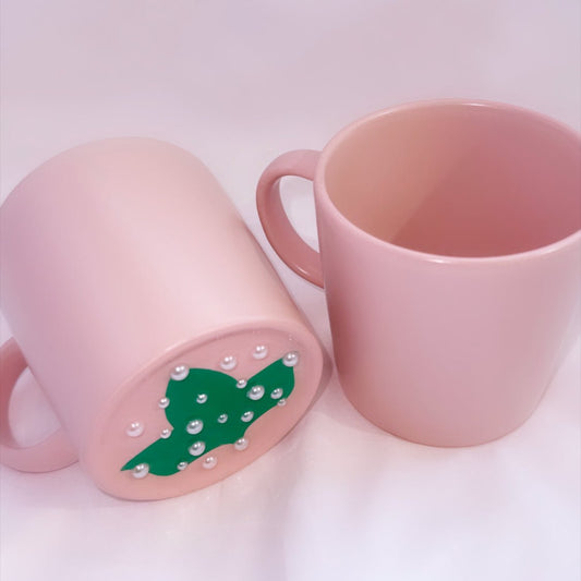 Elegant Pink Ceramic Mug Set with Ivy &amp; Pearl Design (Set of 2)