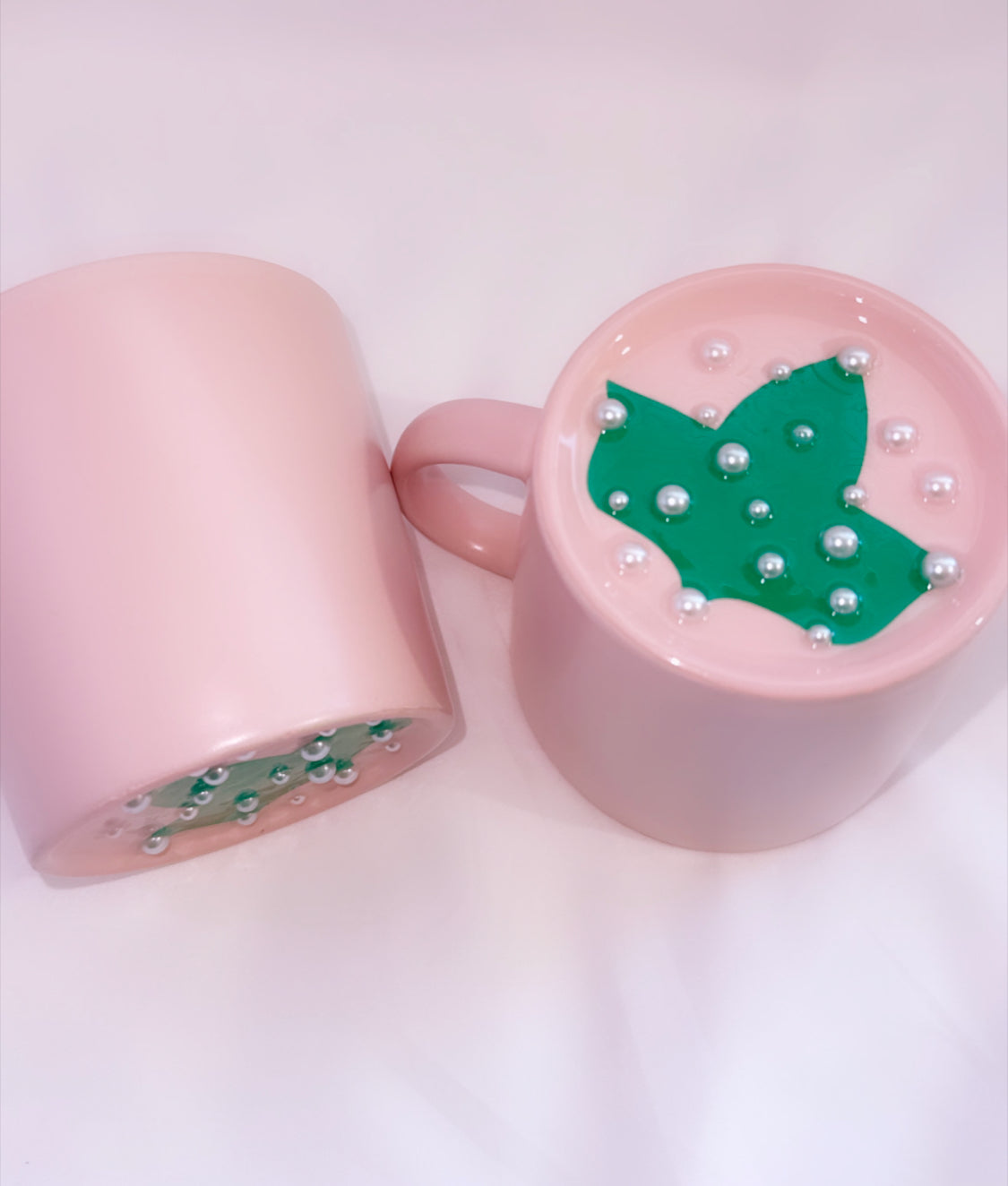 Elegant Pink Ceramic Mug Set with Ivy &amp; Pearl Design (Set of 2)