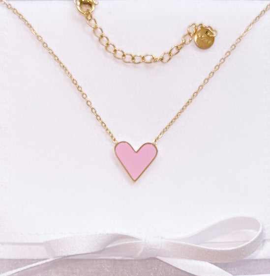 Pink Heart Enamel Necklace - Personalized